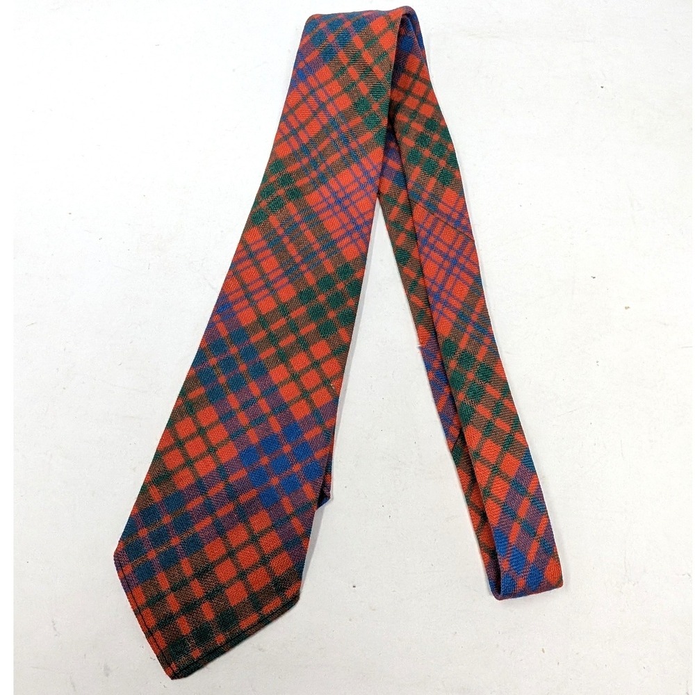 Vintage Ross Made in Scotland 100% New Wool Tartan Plaid Necktie Orange Green